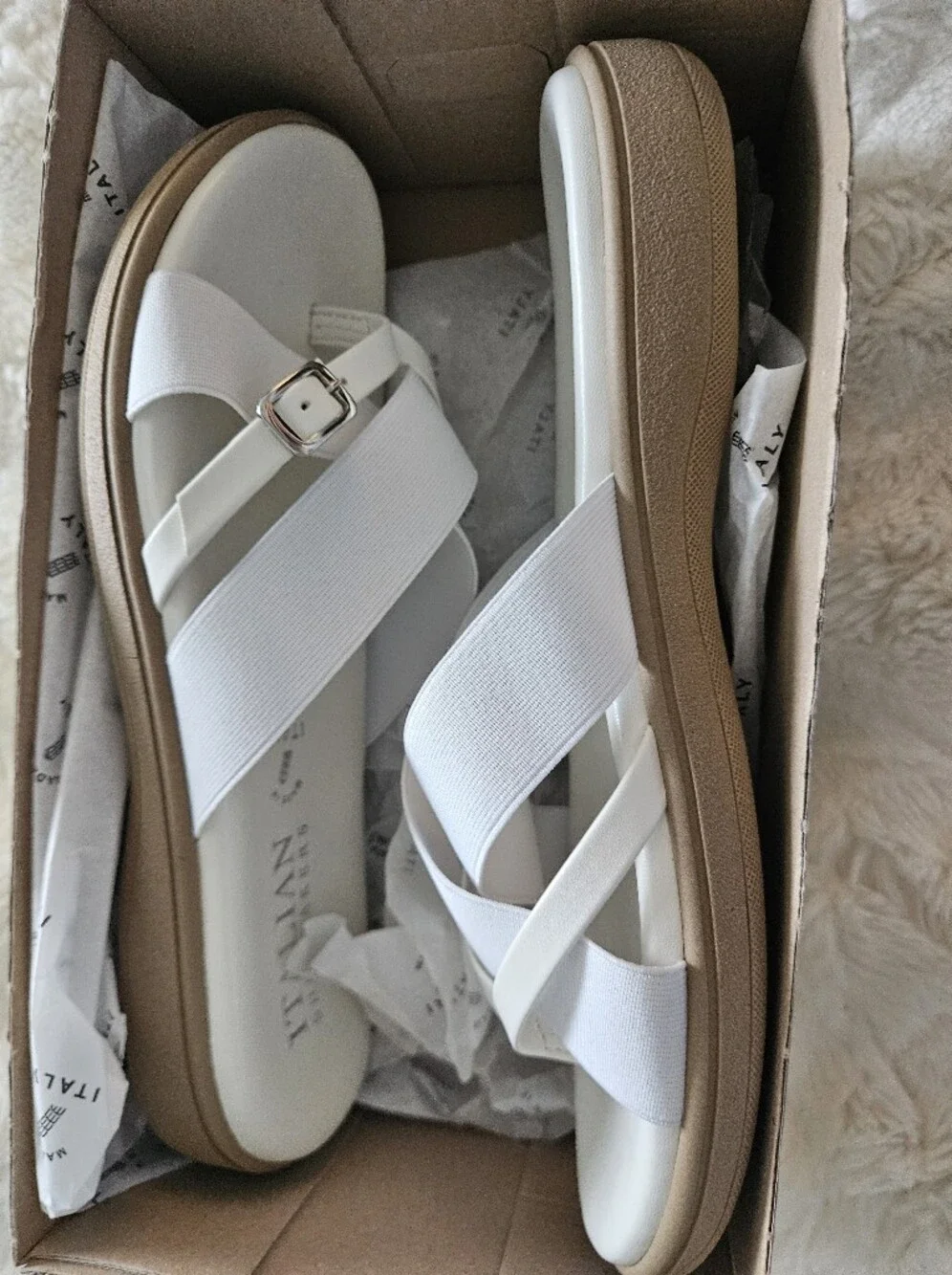 Italian Shoemakers White and Tan Crisscross Platform Sandals